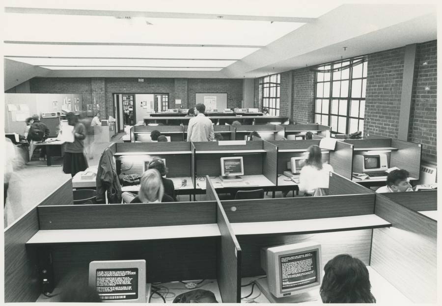 Title: Students in computer center (Trinity College, Hartford Conn.); Image ID:...